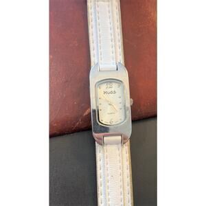 VTG Women's Mudd Watch, Silver Tone, White Leather Band